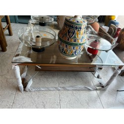 MESA DE CRISTAL CON ESTRUCTURA METALICA COLOR COBRE