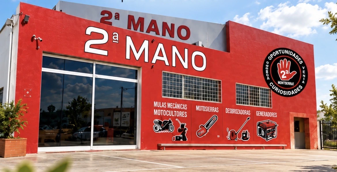 Fachada real de Segunda Mano Montserrat, con el rótulo rojo y acceso a la tienda